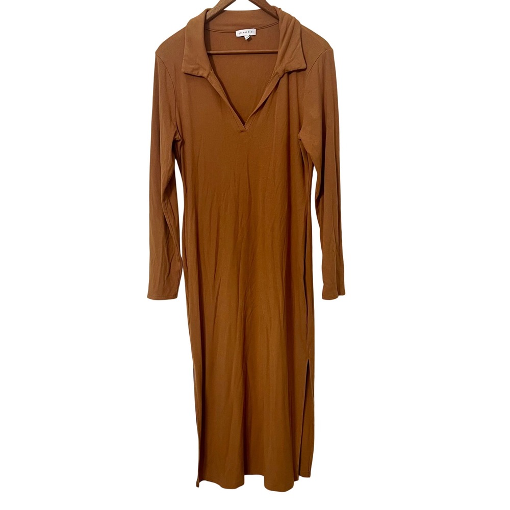 Gianni Bini Womens XL Rust Brown Ribbed Long Sleeve Polo Midi Dress Side Slit